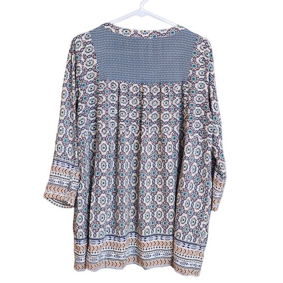 Easel Tunic Top Blouse V Neck Three Quarter Sleeve Size Medium Blue Boho Artsy - Picture 2 of 6